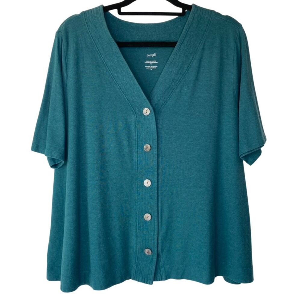 PureJill Teal Hemp & Cotton Button Front Short Sleeve Top Lagenlook Size 2X